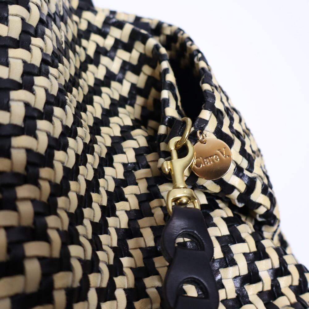 CLARE V. Bateau Leather Convertable Tote Bag Black and Cream Woven Zig Zag - Picture 4 of 9